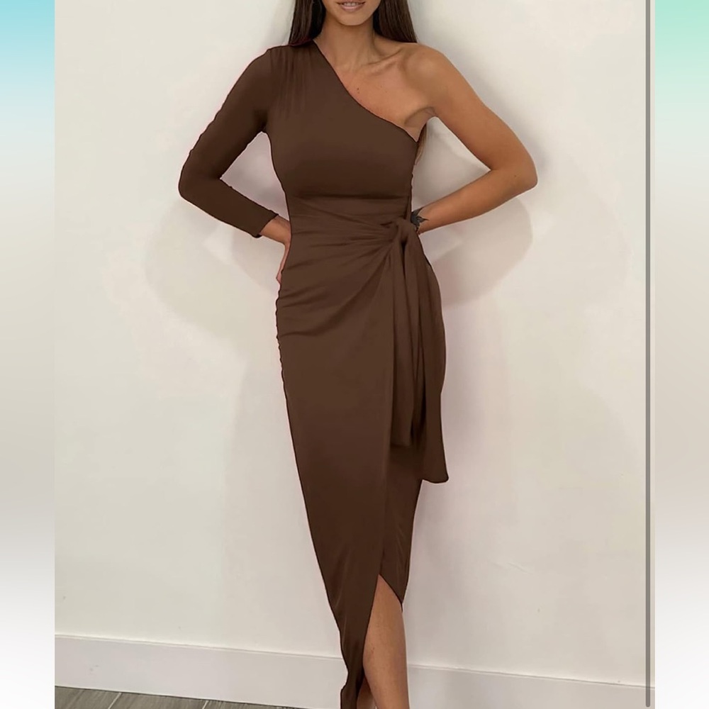 Long Sleeve One Shoulder Bodycon Ruched Tie Waist Wrap Dress